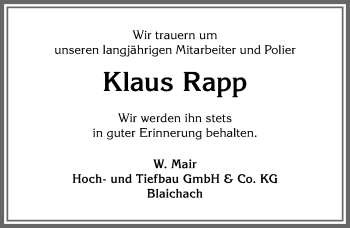 Traueranzeige von Klaus Rapp von Allgäuer Anzeigeblatt