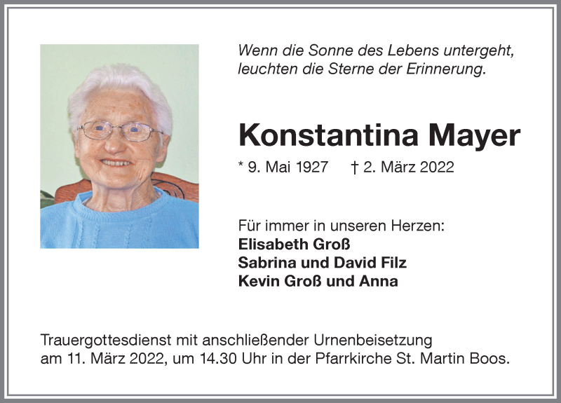  Traueranzeige für Konstantina Mayer vom 10.03.2022 aus Memminger Zeitung