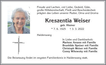 Traueranzeige von Kreszentia Weiser von Allgäuer Zeitung,Kempten