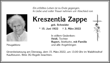 Traueranzeige von Kreszentia Zappe von Allgäuer Zeitung, Kaufbeuren/Buchloe