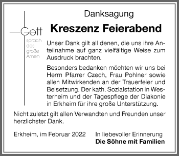 Traueranzeige von Kreszenz Feierabend von Memminger Zeitung
