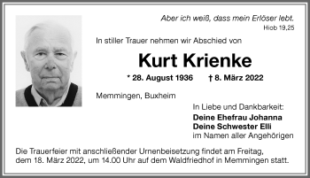 Traueranzeige von Kurt Krienke von Memminger Zeitung