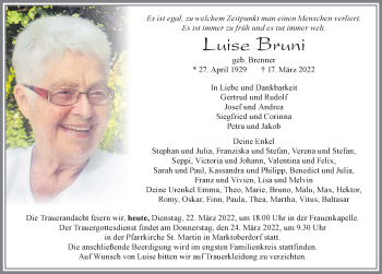 Traueranzeige von Luise Bruni von Allgäuer Zeitung, Marktoberdorf