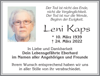 Traueranzeige von Leni Kaps von Allgäuer Zeitung, Füssen