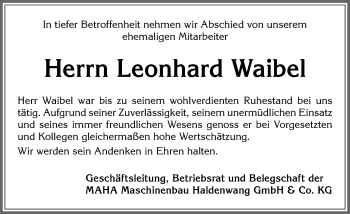 Traueranzeige von Leonhard Waibel von Allgäuer Zeitung,Kempten