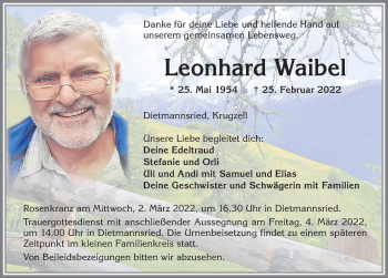 Traueranzeige von Leonhard Waibel von Allgäuer Zeitung,Kempten
