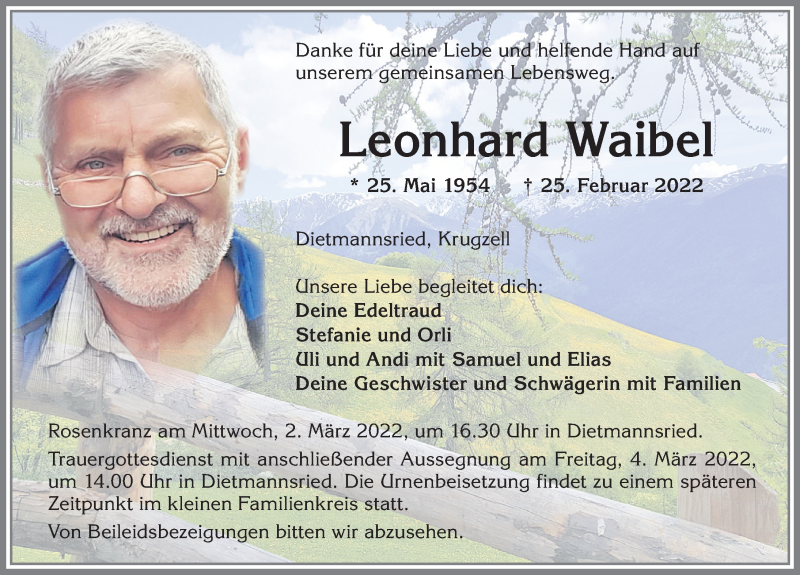  Traueranzeige für Leonhard Waibel vom 02.03.2022 aus Allgäuer Zeitung,Kempten