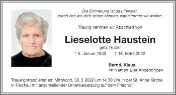 Traueranzeige von Lieselotte Haustein von Memminger Zeitung