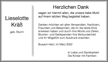 Traueranzeige von Lieselotte Kräß von Memminger Zeitung