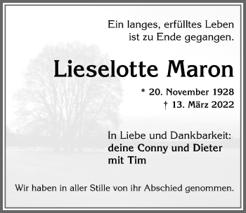 Traueranzeige von Lieselotte Maron von Allgäuer Zeitung,Kempten