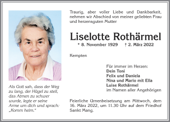Traueranzeige von Liselotte Rothärmel von Allgäuer Zeitung,Kempten