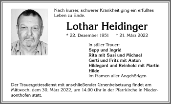 Traueranzeige von Lothar Heidinger von Allgäuer Zeitung,Kempten