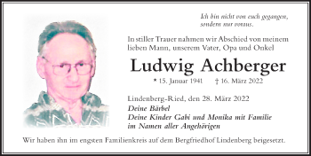 Traueranzeige von Ludwig Achberger von Der Westallgäuer