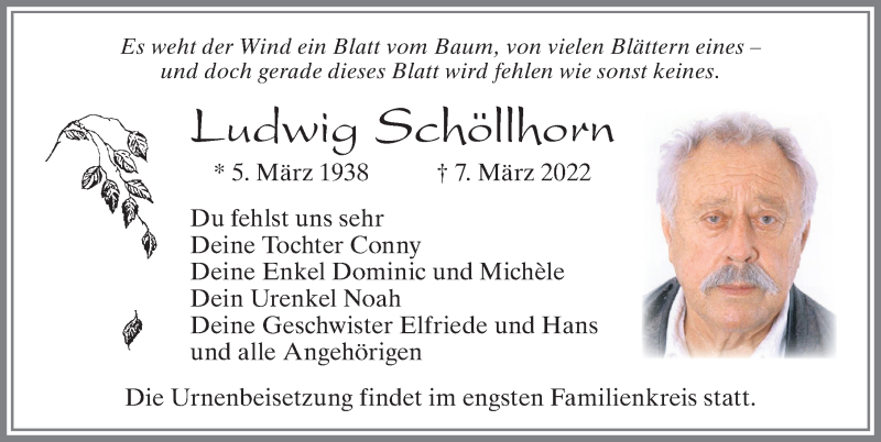  Traueranzeige für Ludwig Schöllhorn vom 16.03.2022 aus Allgäuer Zeitung, Marktoberdorf