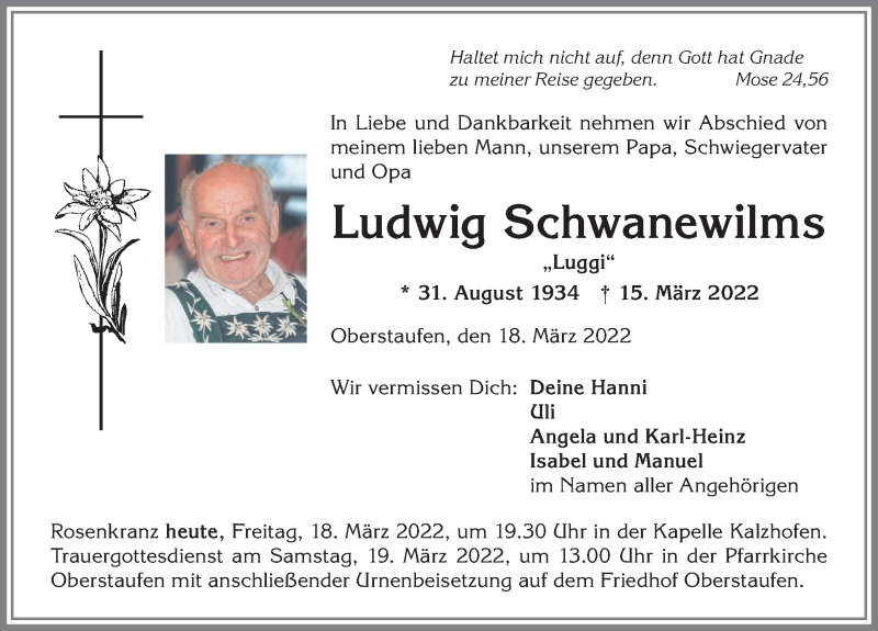  Traueranzeige für Ludwig Schwanewilms vom 18.03.2022 aus Allgäuer Anzeigeblatt