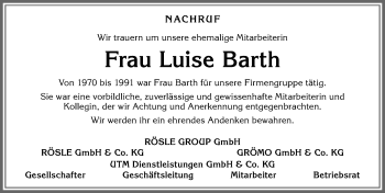 Traueranzeige von Luise Barth von Allgäuer Zeitung, Marktoberdorf