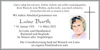 Traueranzeige von Luise Barth von Allgäuer Zeitung, Marktoberdorf