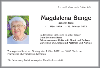 Traueranzeige von Magdalena Senge von Allgäuer Zeitung,Kempten