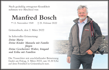 Traueranzeige von Manfred Bosch von Der Westallgäuer
