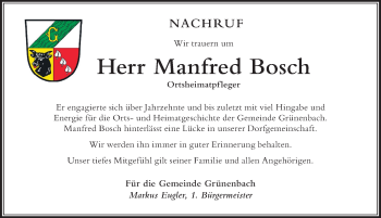 Traueranzeige von Manfred Bosch von Der Westallgäuer