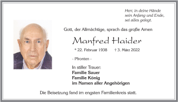 Traueranzeige von Manfred Haider von Allgäuer Zeitung, Füssen