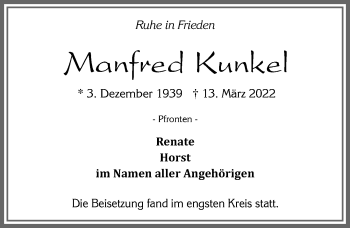 Traueranzeige von Manfred Kunkel von Allgäuer Zeitung, Füssen