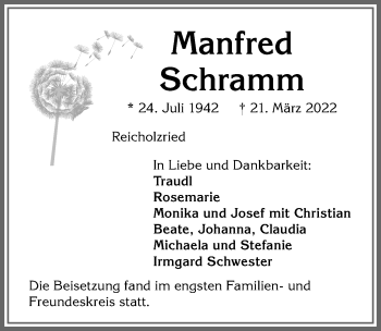 Traueranzeige von Manfred Schramm von Allgäuer Zeitung,Kempten