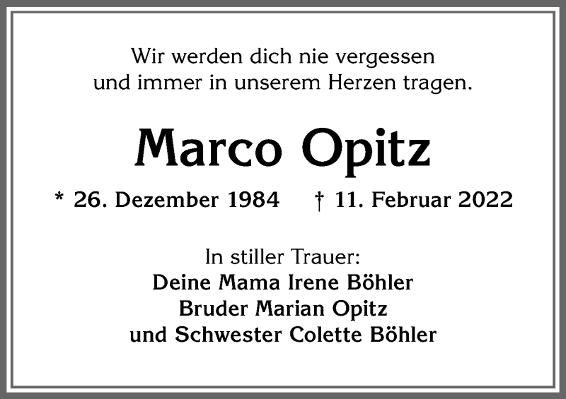  Traueranzeige für Marco Opitz vom 01.03.2022 aus Allgäuer Zeitung, Marktoberdorf
