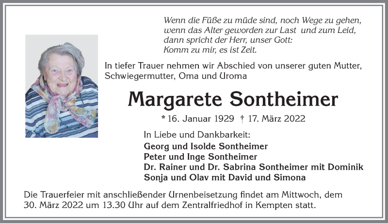  Traueranzeige für Margarete Sontheimer vom 28.03.2022 aus Allgäuer Zeitung,Kempten