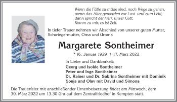 Traueranzeige von Margarete Sontheimer von Allgäuer Zeitung,Kempten
