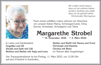 Traueranzeige von Margarethe Strobel von Allgäuer Anzeigeblatt