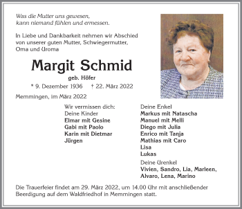Traueranzeige von Margit Schmid von Memminger Zeitung