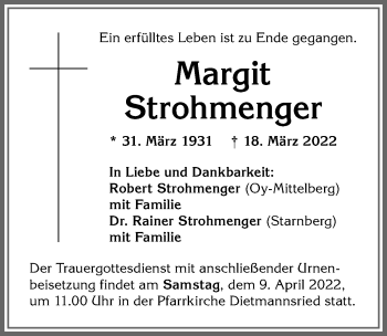 Traueranzeige von Margit Strohmenger von Allgäuer Zeitung,Kempten