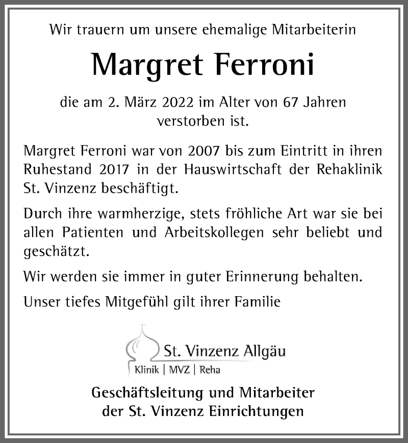  Traueranzeige für Margret Ferroni vom 10.03.2022 aus Allgäuer Zeitung, Füssen