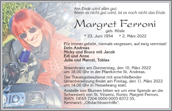 Traueranzeige von Margret Ferroni von Allgäuer Zeitung, Füssen