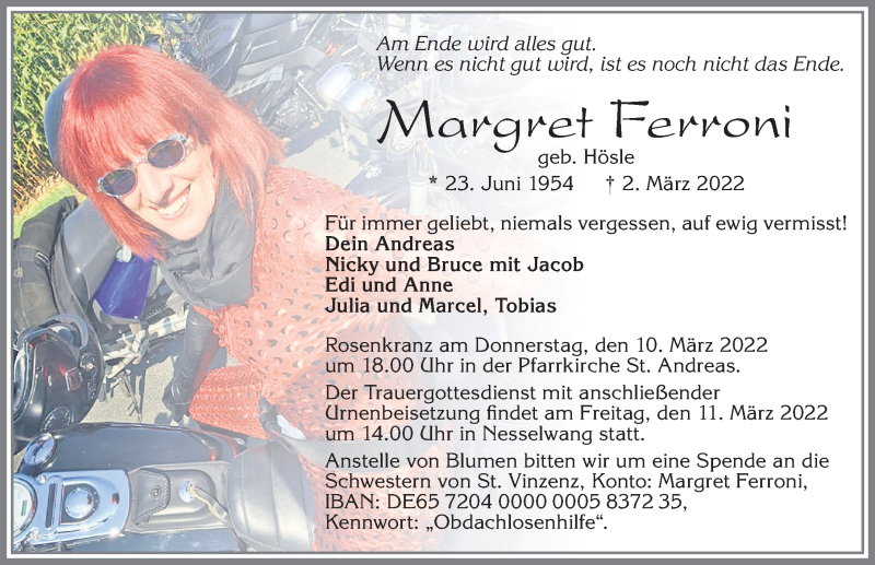  Traueranzeige für Margret Ferroni vom 08.03.2022 aus Allgäuer Zeitung, Füssen