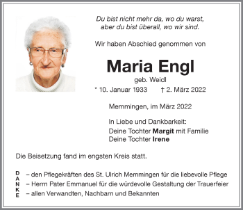 Traueranzeige von Maria Engl von Memminger Zeitung