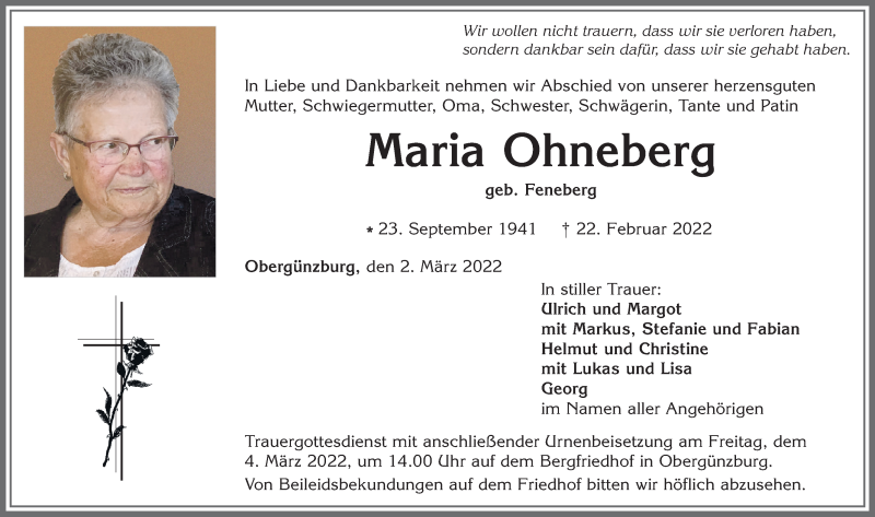  Traueranzeige für Maria Ohneberg vom 02.03.2022 aus Allgäuer Zeitung, Marktoberdorf