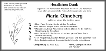 Traueranzeige von Maria Ohneberg von Allgäuer Zeitung, Marktoberdorf