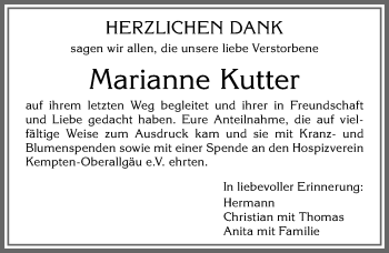 Traueranzeige von Marianne Kutter von Allgäuer Zeitung,Kempten