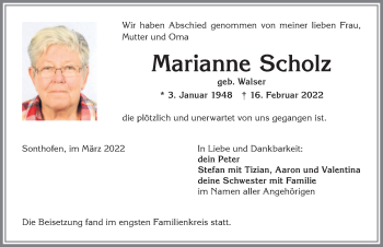 Traueranzeige von Marianne Scholz von Allgäuer Anzeigeblatt