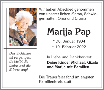Traueranzeige von Marija Pap von Allgäuer Zeitung,Kempten