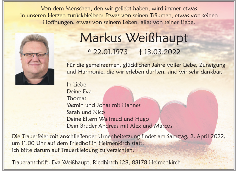  Traueranzeige für Markus Weißhaupt vom 26.03.2022 aus Der Westallgäuer