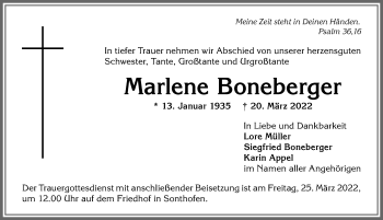 Traueranzeige von Marlene Boneberger von Allgäuer Anzeigeblatt