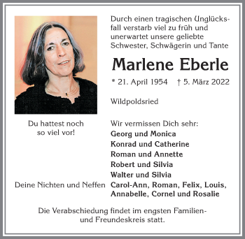Traueranzeige von Marlene Eberle von Allgäuer Zeitung,Kempten