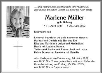 Traueranzeige von Marlene Müller von Allgäuer Zeitung,Kempten