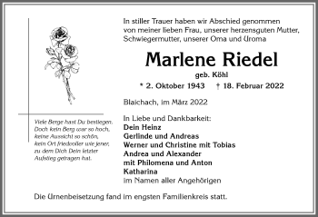 Traueranzeige von Marlene Riedel von Allgäuer Anzeigeblatt