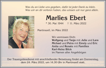 Traueranzeige von Marlies Ebert von Allgäuer Zeitung,Kempten