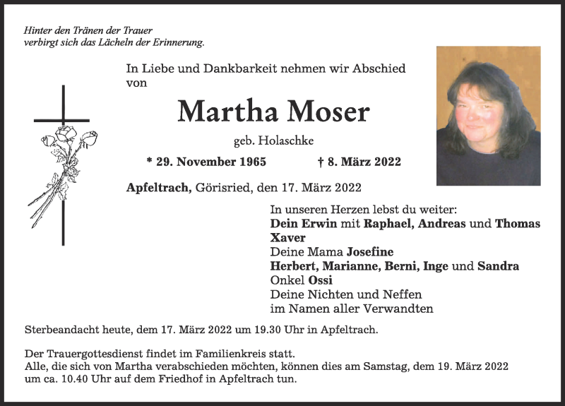  Traueranzeige für Martha Moser vom 17.03.2022 aus Allgäuer Zeitung, Marktoberdorf