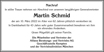 Traueranzeige von Martin Schmid von Allgäuer Zeitung, Gesamtausgabe